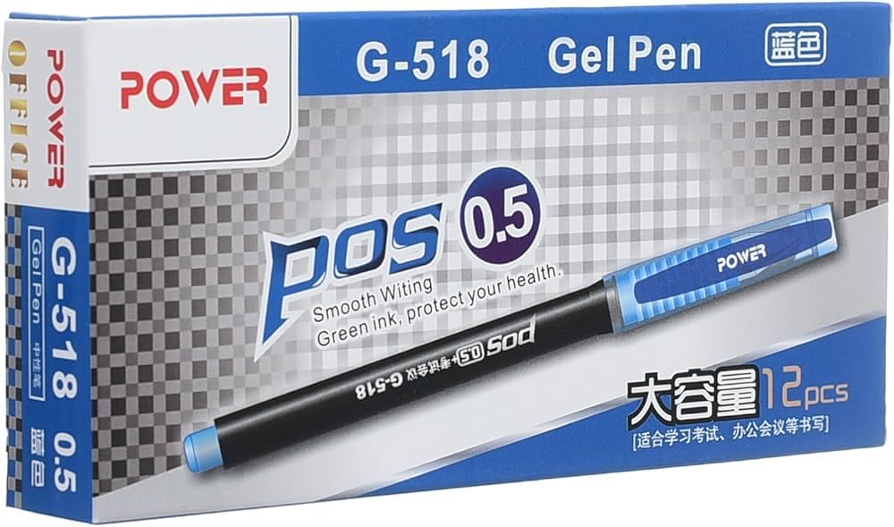 POS G-518 Gel Pens, 0.5mm, Blue Ink, Pack of 12, Smooth Writing