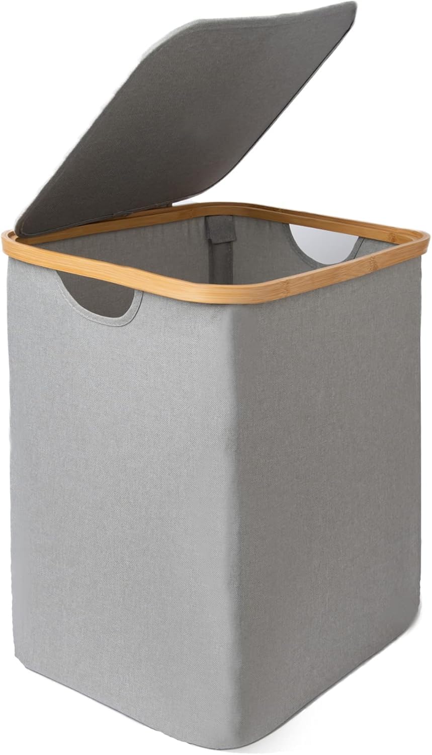 Laundry Basket with Lid, 60L Bamboo Laundry Basket with Carry Handles, Grey Folding Storage Basket (1pc)