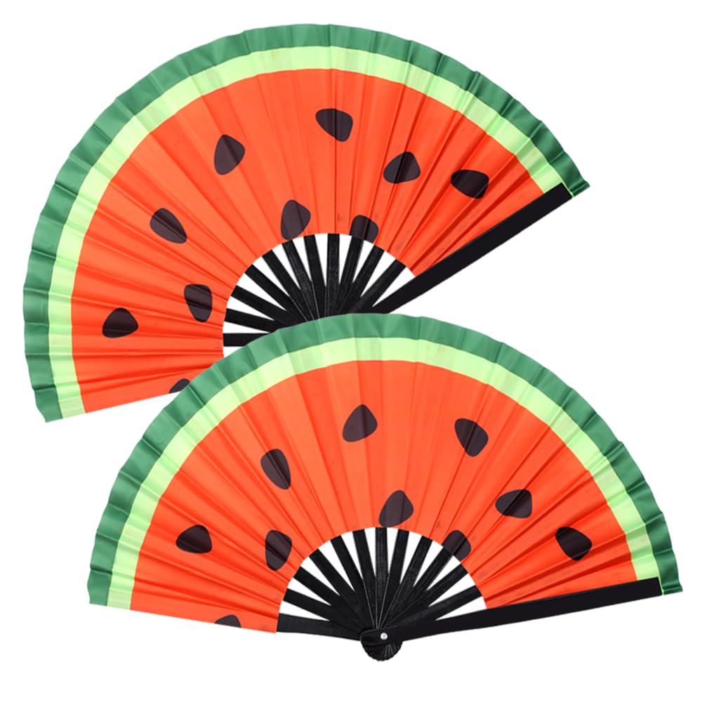 2 PCS Large Folding Fan Bamboo Folding Hand Fan, Rave Fan Clack Folding Hand Fan Chinese/Japanese Nylon-Cloth Folding Fan for Festival, Dance, Performance, Party, Gift, Decoration(Watermelon)