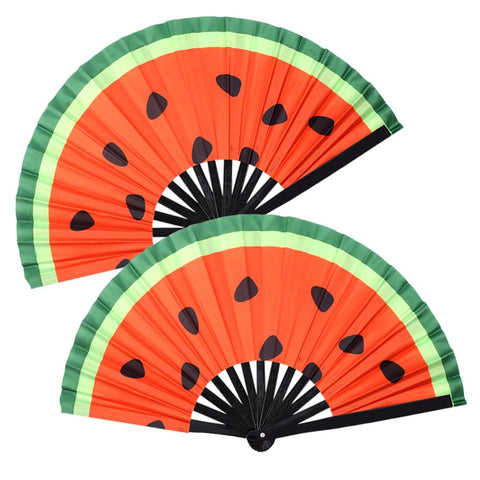 2 PCS Large Folding Fan Bamboo Folding Hand Fan, Rave Fan Clack Folding Hand Fan Chinese/Japanese Nylon-Cloth Folding Fan for Festival, Dance, Performance, Party, Gift, Decoration(Watermelon)