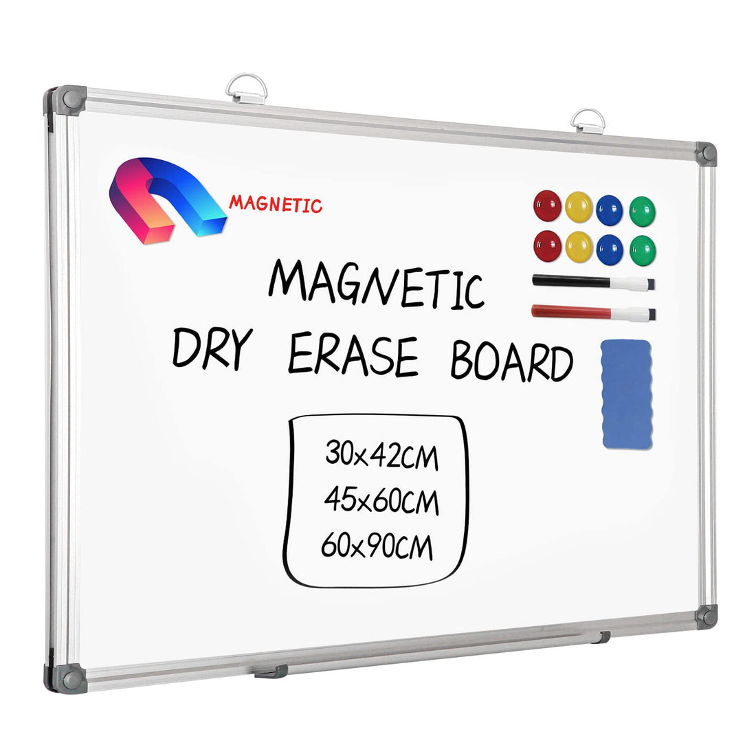 MEETMATE Magnetic Whiteboard, 45x60cm Dry Erase Board Aluminium Frame Wall Mounted White Board with Pen Tray and Accessories, Notices & Reminders Board for Office, Class