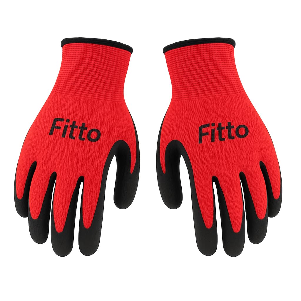 Fitto Red Grip Gloves with Textured Black Palm for Work and Outdoor Use