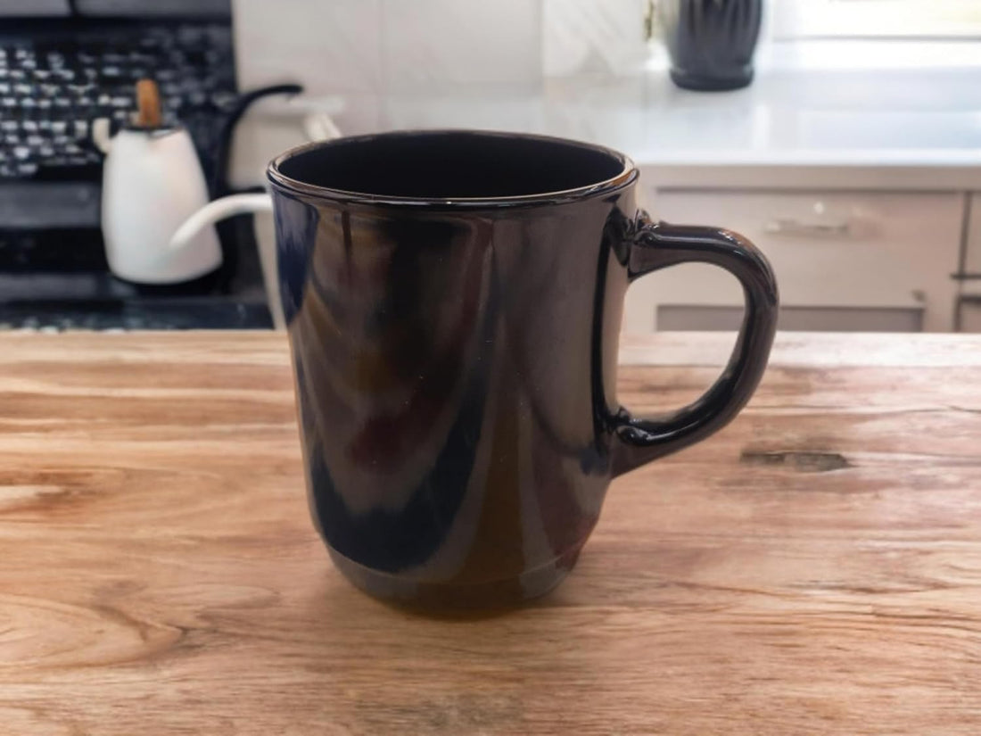 Black Glass Mug (2 Pieces) 250 ml, Serving Tea and Hot Drinks, Microwave and Dishwasher Safe (Cup)