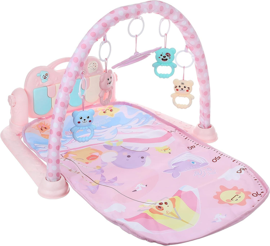 Play and kick Floor Baby Mat and Play Piano Gym Mat - Infants Musical Activity Center with 5 Hanging Sensory Toys and Early Education Floor Playmat (Pinky)