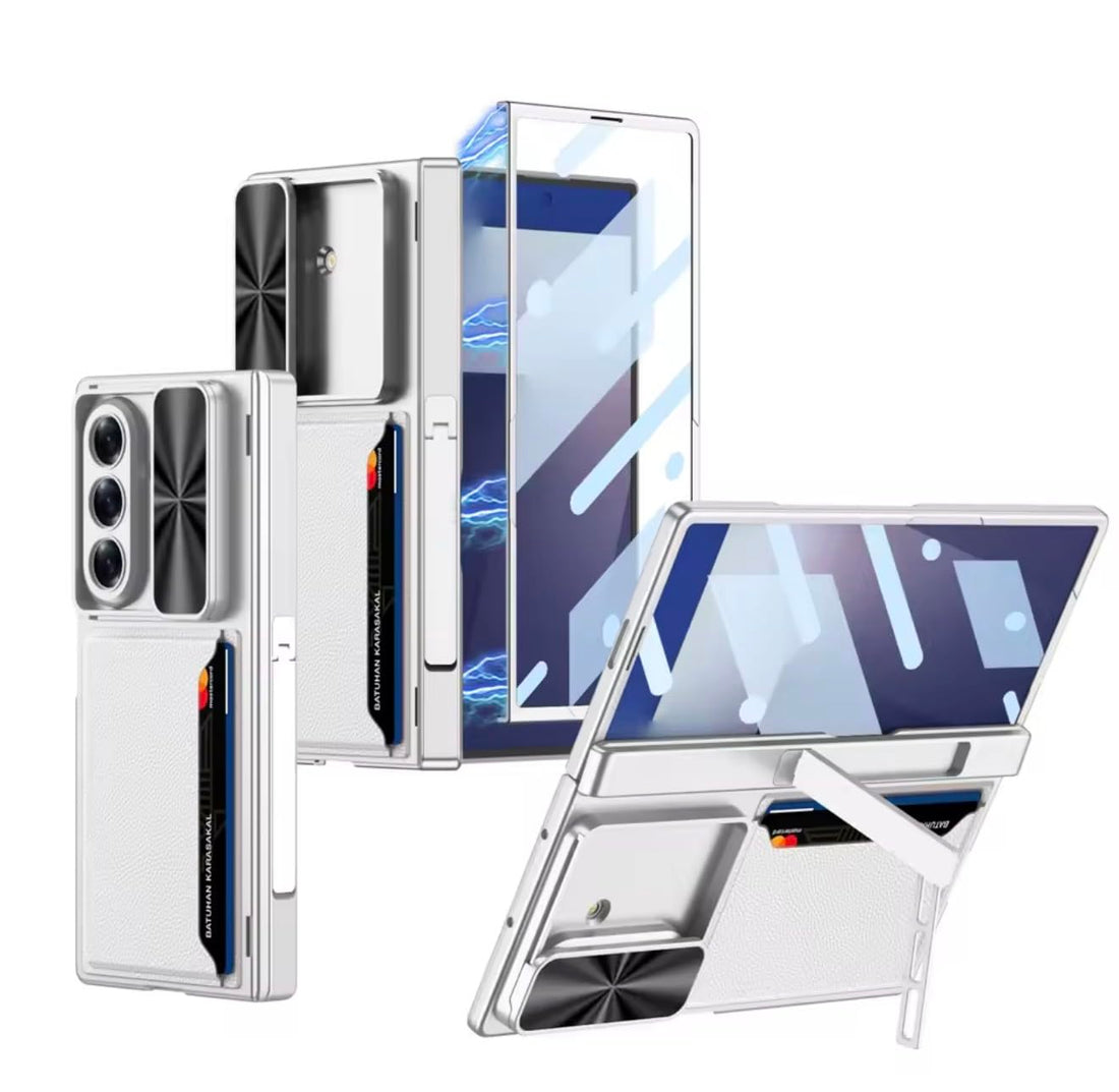 Fekra Luxury Case for Samsung Galaxy Z Fold 7 with Sliding Camera Cover, Wallet Card Holder, Folding Stand, TPU + PC Shockproof Case with Front Screen Protector (Silver)