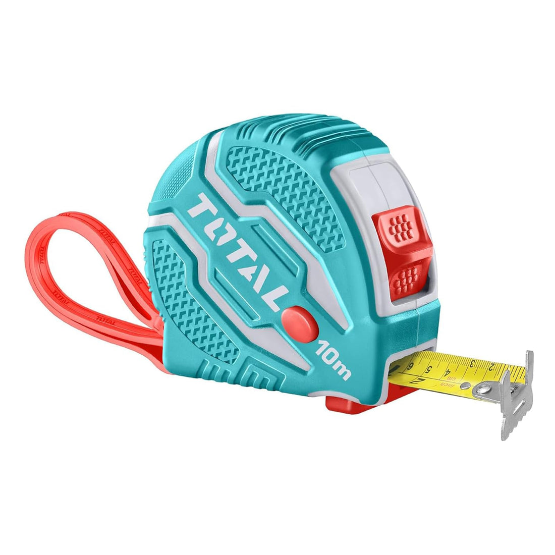 Total MR LIGHT Steel Measuring Tape 10 m x25 mm, Metric and Inches, 3 Stop Button Function, Rubber Cover