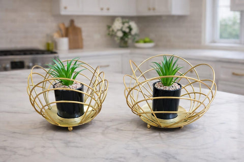 Artificial Plant Decor with Potted in Gold Metal Stand – Set of 2 Elegant Modern Design for Table Kitchen Living Room Decor – Small Decorative Plant for Home and Office Multi Shapes & Colors