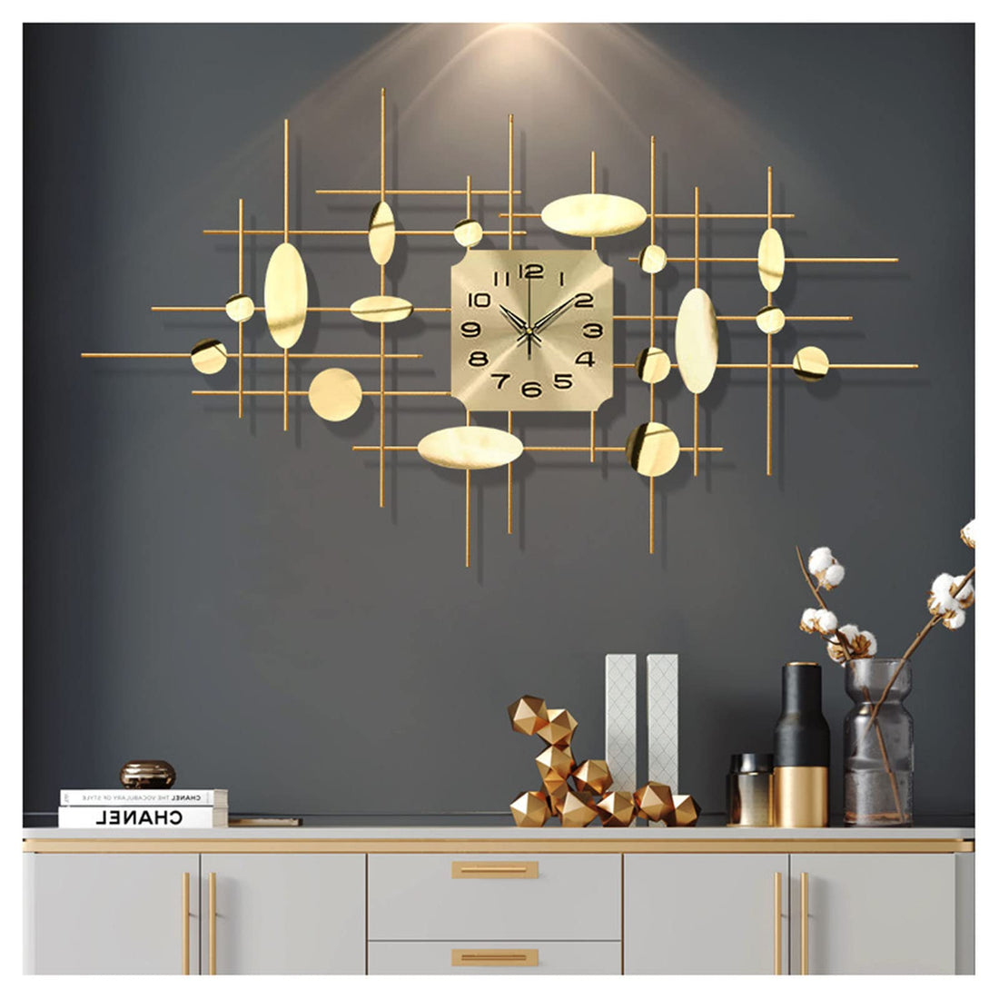 Large Sunburst Decorative Wall Clocks for Living Room, Fashion Metal 3D Art Design Silent Non Ticking Quartz Clock, Creativity Wall Watches,Gold,110X62CM