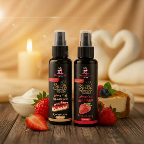 Natural Tastable Massage Oil set, Strawberry Flavor and Cheesecake Tasteable, Helps Relax Body, 150+150 ml (Cheesecake strawberry)