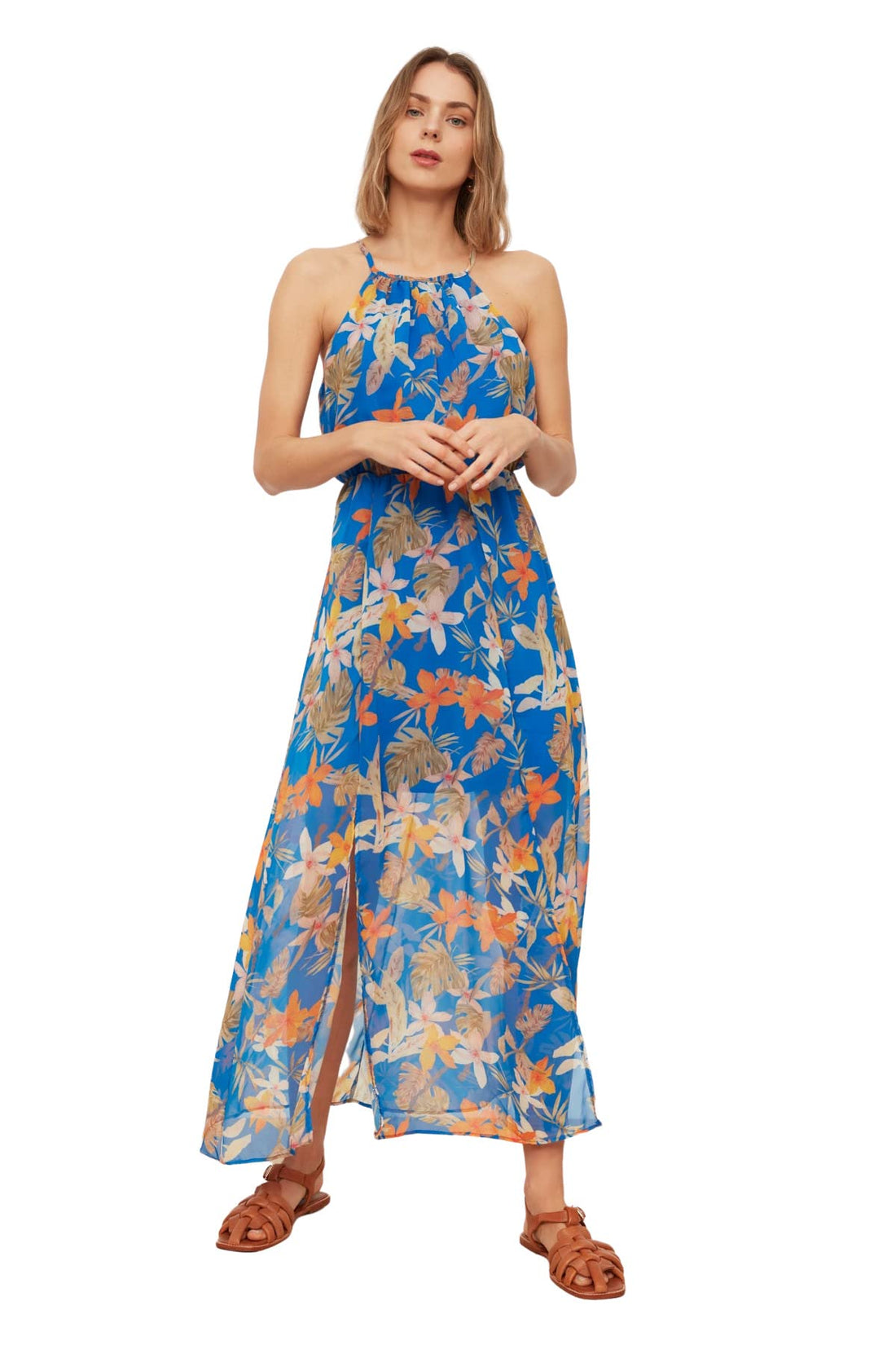 Trendyol Women Navy Blue Halter Neck A-Line Slit Lined Maxi Chiffon Woven Dress TWOSS20EL1297 Dress