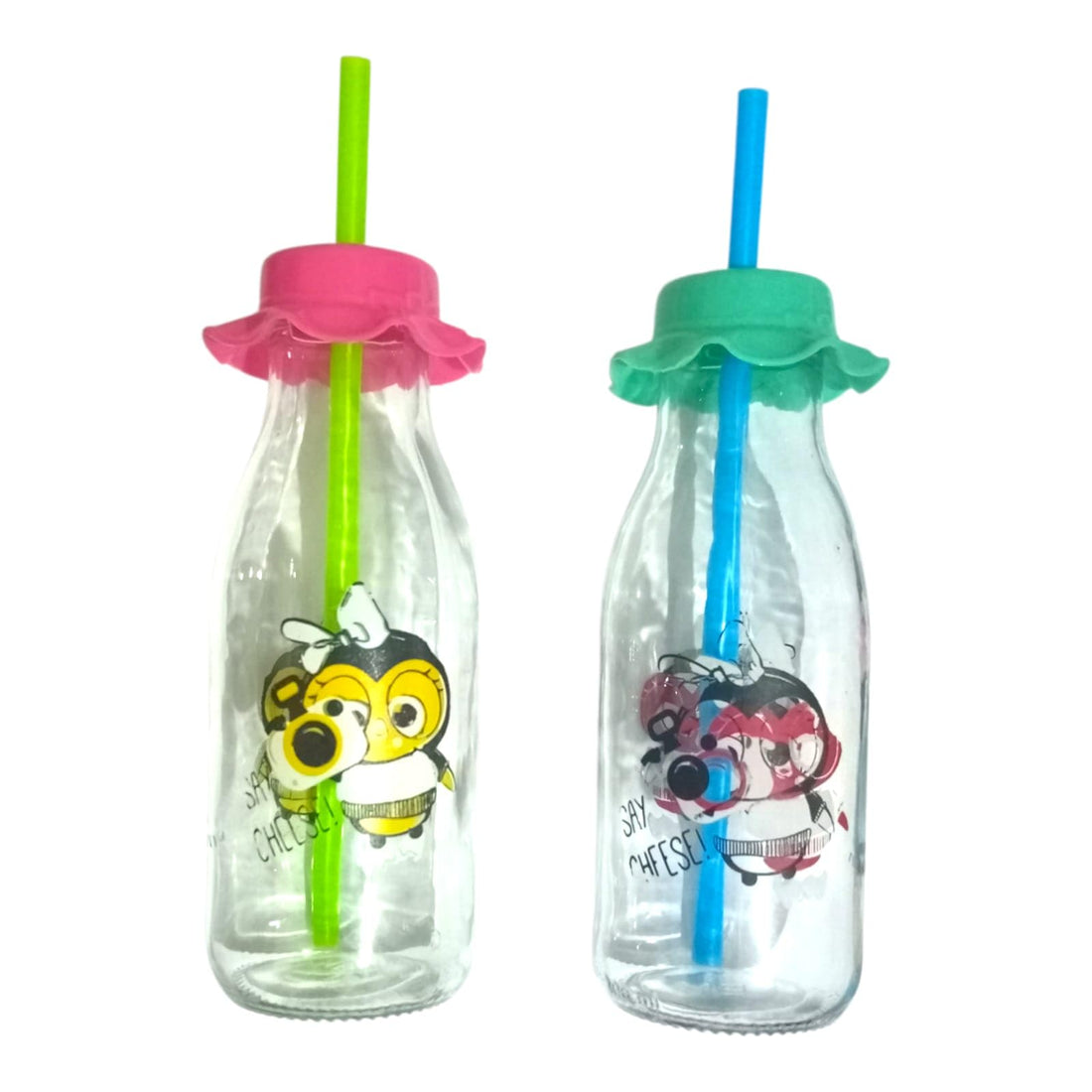 Cartoon Characters Glass Water Bottles Set of 2, Multicolor, with Airtight Lid and Straw