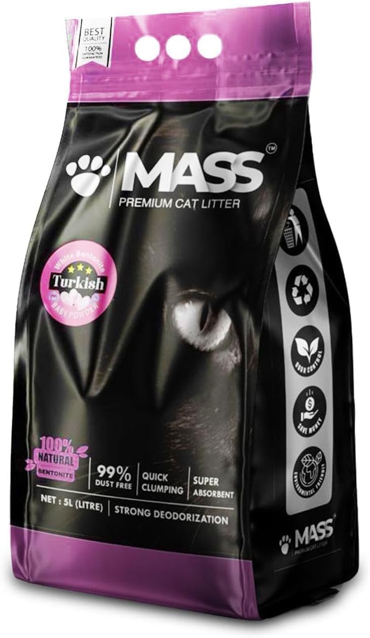 MASS Premium Cat Litter – White Bentonite, 100% Natural, 99% Dust Free, Quick Clumping, Super Absorbent (5L, Lavender)