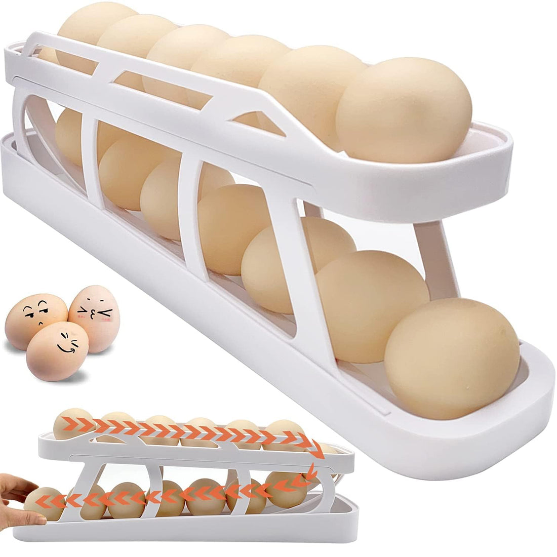 FOCUSIN Rolling Egg Dispenser For Refrigerator, Egg Holder Space Saving Automatic Egg Storage Container Organizer For Refrigerator Kichen Cabinet (1 PC, White)