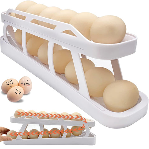 FOCUSIN Rolling Egg Dispenser For Refrigerator, Egg Holder Space Saving Automatic Egg Storage Container Organizer For Refrigerator Kichen Cabinet (1 PC, White)