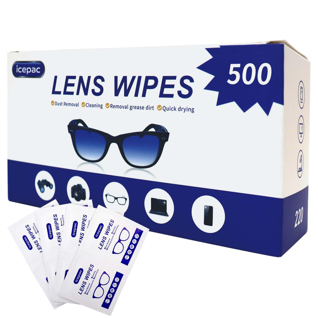Icepac Lens Wipes for Eyeglasses - 500 Pre-Moistened Individual Wrapped Eye Glasses Cleaning Wipes | Glasses Cleaner Safely Cleans Glasses, Sunglasses, Phone Screen, Electronics & Camera Lens