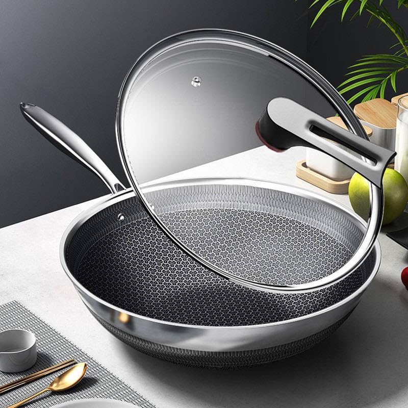 Non Stick Frying Pan with Glass Lid, 32cm, Ergonomic Handle, Suitable for Professional Cooking, Grey