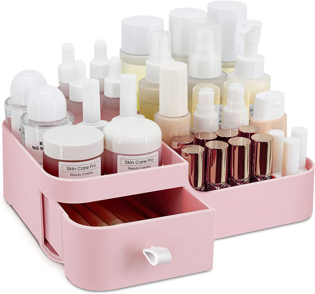 Makeup Organiser with Drawer, Cosmetic Storage Box for Bathroom Dresser Bedroom, Multi-Compartment Skincare Display (Pink)