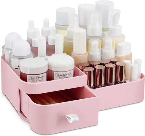 Makeup Organiser with Drawer, Cosmetic Storage Box for Bathroom Dresser Bedroom, Multi-Compartment Skincare Display (Pink)
