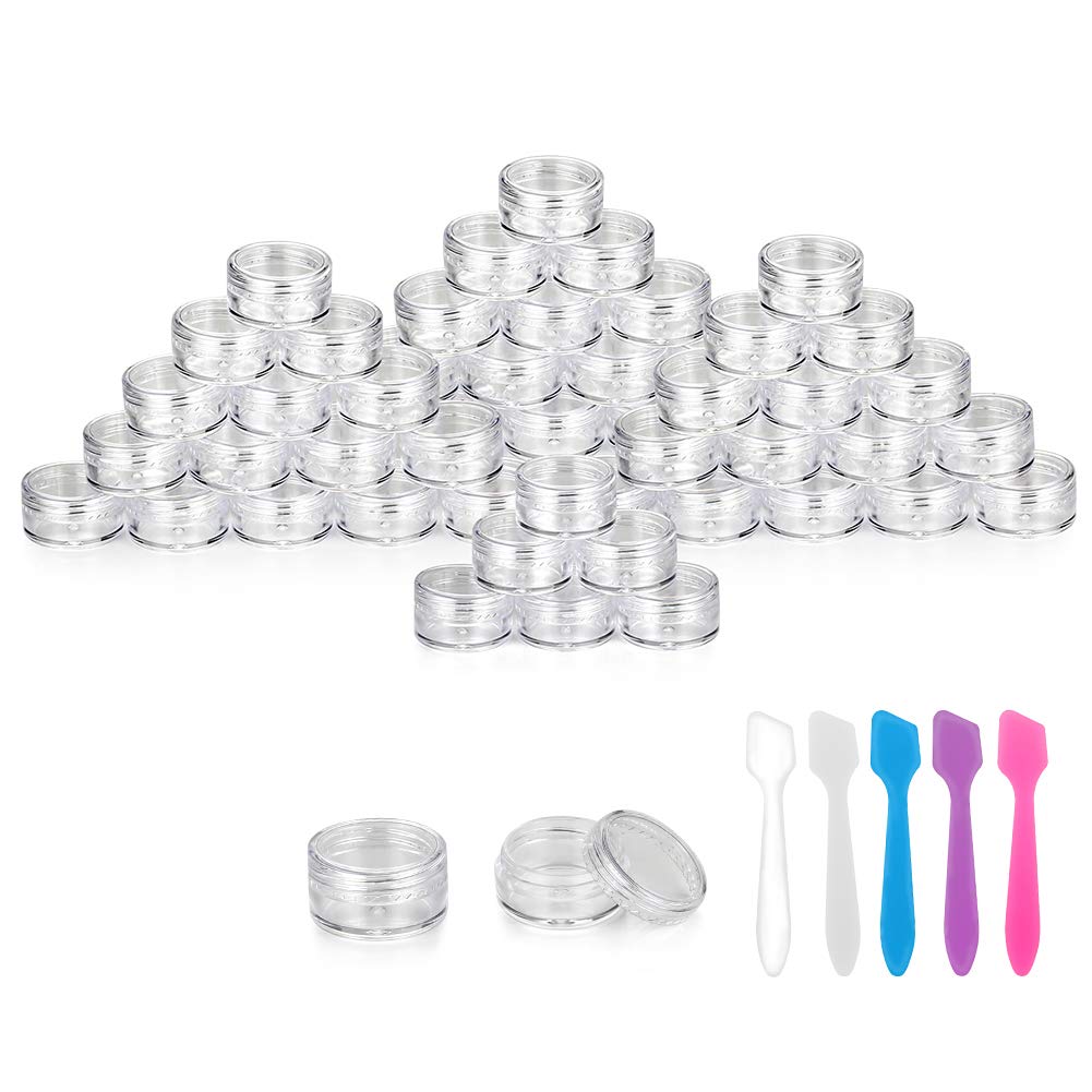 Accmor 100 Pieces 3g Empty Clear Plastic Sample Containers with Lids Cosmetic Pot Jars with 5 Pieces Mini Spatulas by Accmor