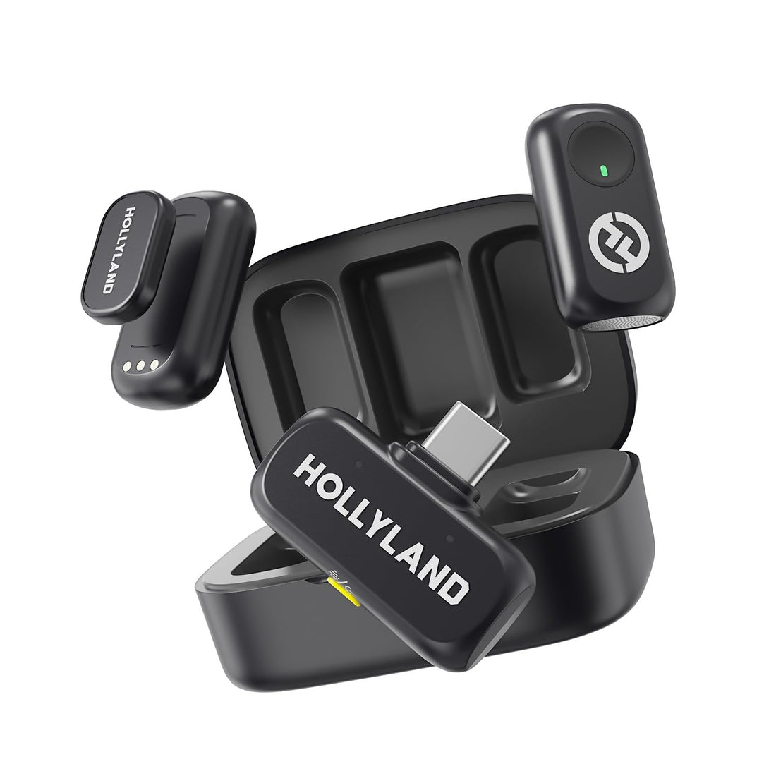Hollyland LARK A1 Wireless Mini Microphone for iPhone 15/16 & Android, 48kHz/24-bit, 3-Level Intelligent Noise Cancel, Microphone for YouTube, Podcast, Vlogging (Black, 2TX + USB-C RX + Charging Case)