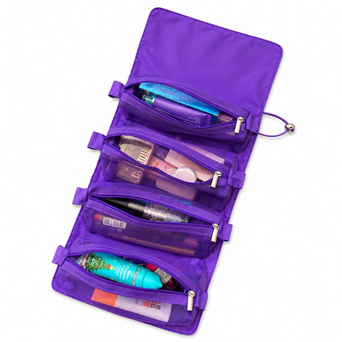 Premium Satin Makeup Organizer Bag with 4 Clear Removable Compartments, Portable Roll-Up Cosmetic Storage Case for Travel, Home & Beauty Accessories