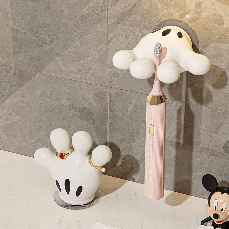 Toothbrush Holder Cartoon Mouse Hand, White, Plastic and Silicone, No Drilling Installation, Suitable for Ordinary and Electric Brush