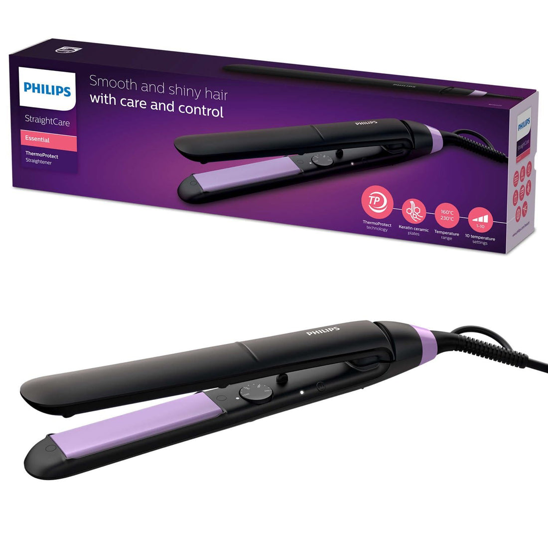 Philips StraightCare Essential ThermoProtect Straightener, ThermoProtect Technology, Keratin-infused Plates, 10 Temperature Settings, Temperature Range From 160°C up to 230°C - BHS377/00