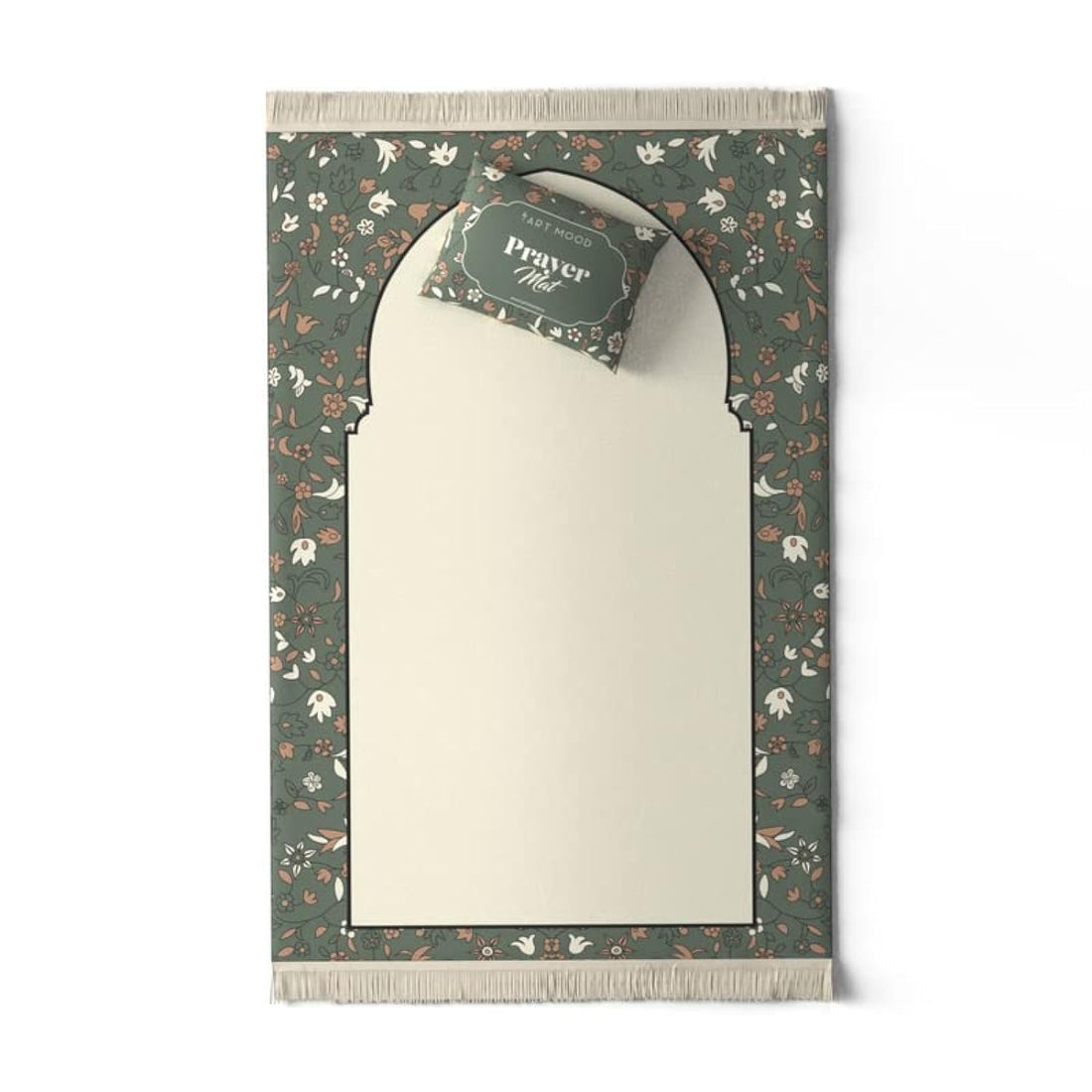 ART MOOD HOME Prayer Mat Al Rawda, Velvet with Elegant Design, Soft Low Pile with Supportive Cushioning, Lightweight and Foldable for Home and Mosque, 117L × 68W cm, Beige and Olive