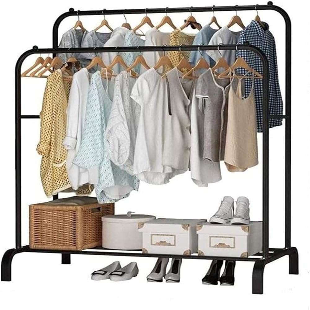 1 Piece Multipurpose Metal Clothes Rack with Bottom Shelf/Coat and Jacket Hanger for Home Bedroom Storage Organizer - Unique Display Stand (Black)