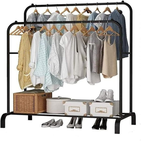 1 Piece Multipurpose Metal Clothes Rack with Bottom Shelf/Coat and Jacket Hanger for Home Bedroom Storage Organizer - Unique Display Stand (Black)
