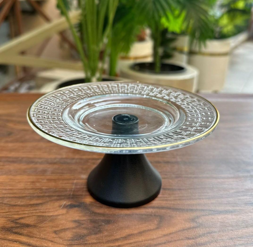 Generic Glass Cake Stand with Gold Edge, 14 cm Diameter, Multi-Purpose Serving Platter .MK
