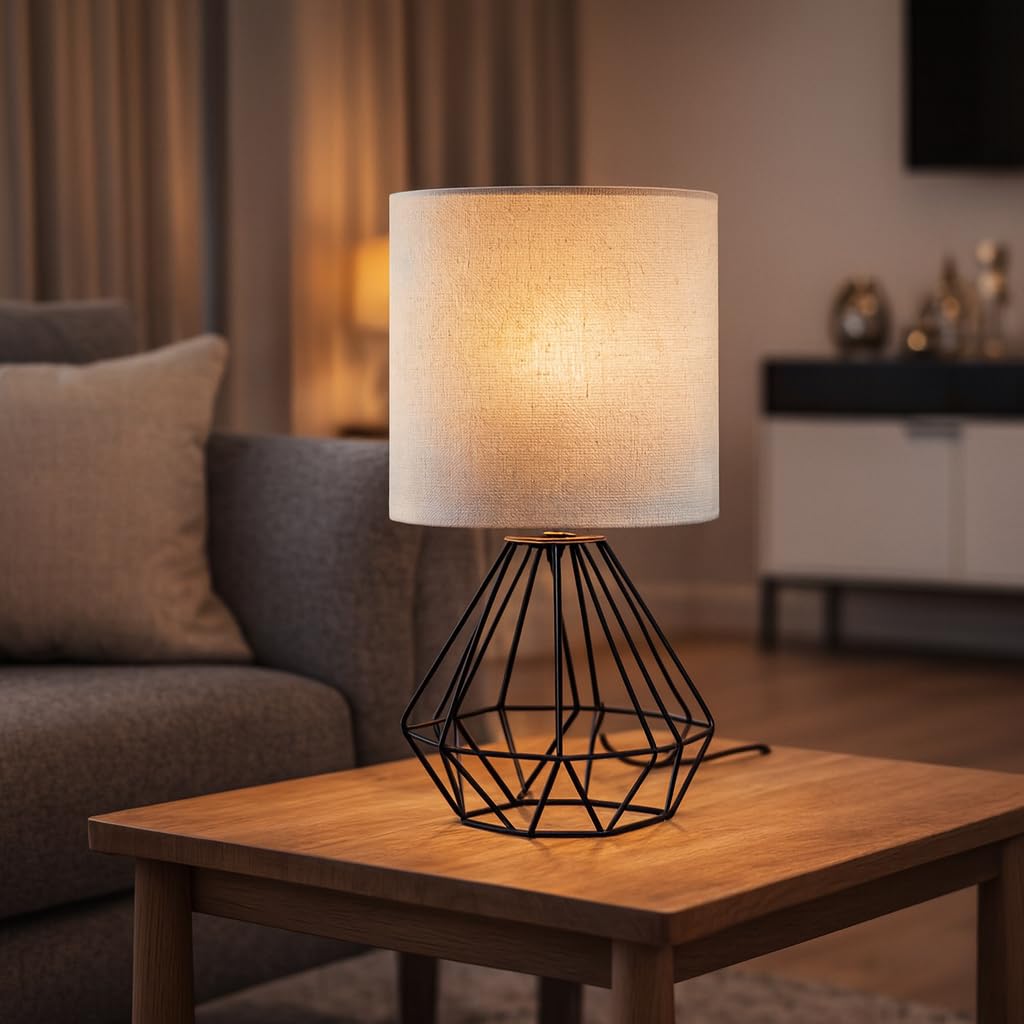 Oops Modern Table Lamp – Black Geometric Metal Base with Linen Fabric Shade – Soft Warm Ambient Lighting – Elegant White Design – Suitable for Bedrooms & Home Décor – E27 Bulb