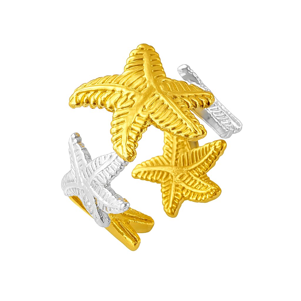 Adjustable Starfish Ring for Women – Beach-Inspired Two-Tone Gold & Silver Ocean-Themed Fashion Jewelry, Summer Gift Idea