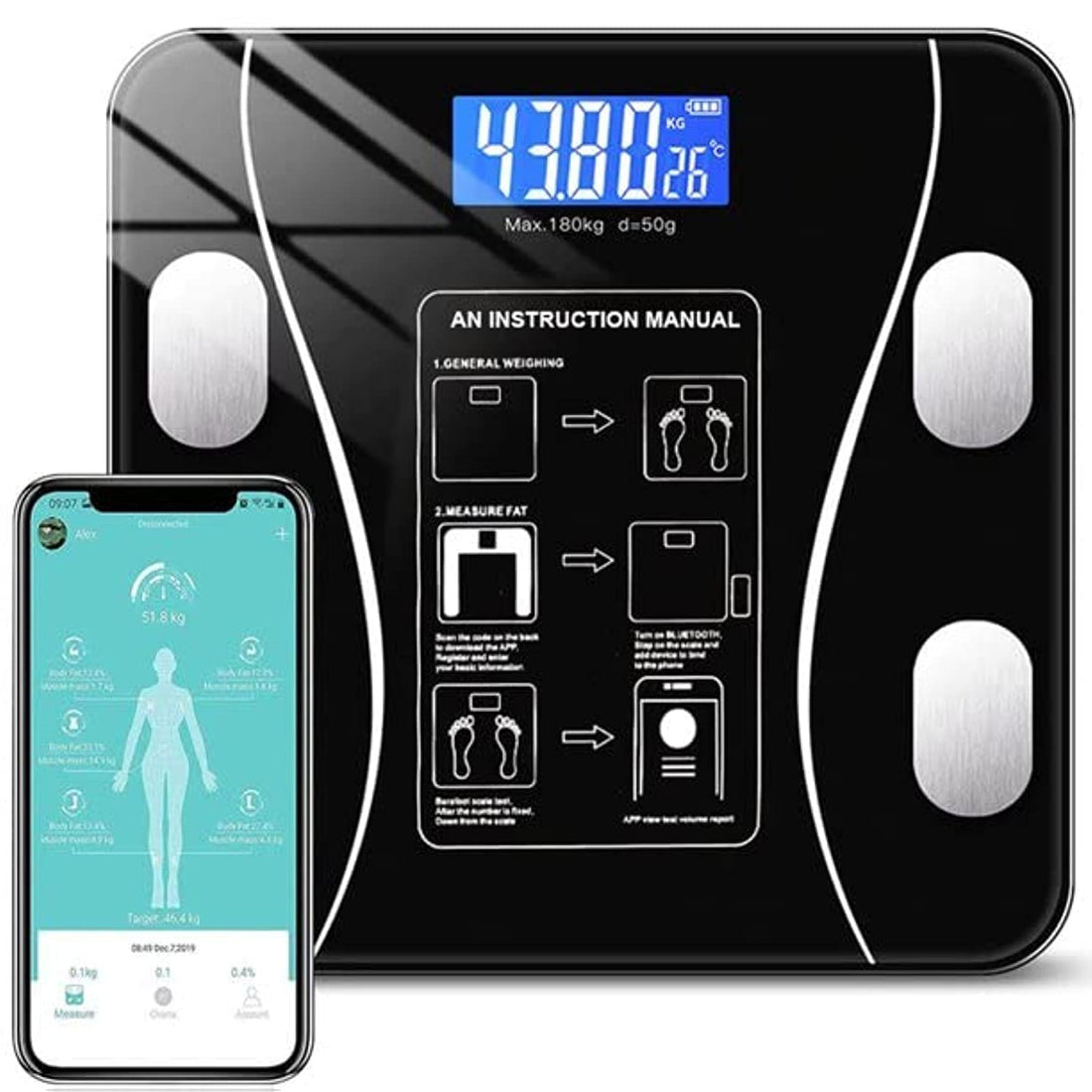 Black Professional Bluetooth Personal Scale, Digital Personal Weight Scale with App, Body Weight and BMI.