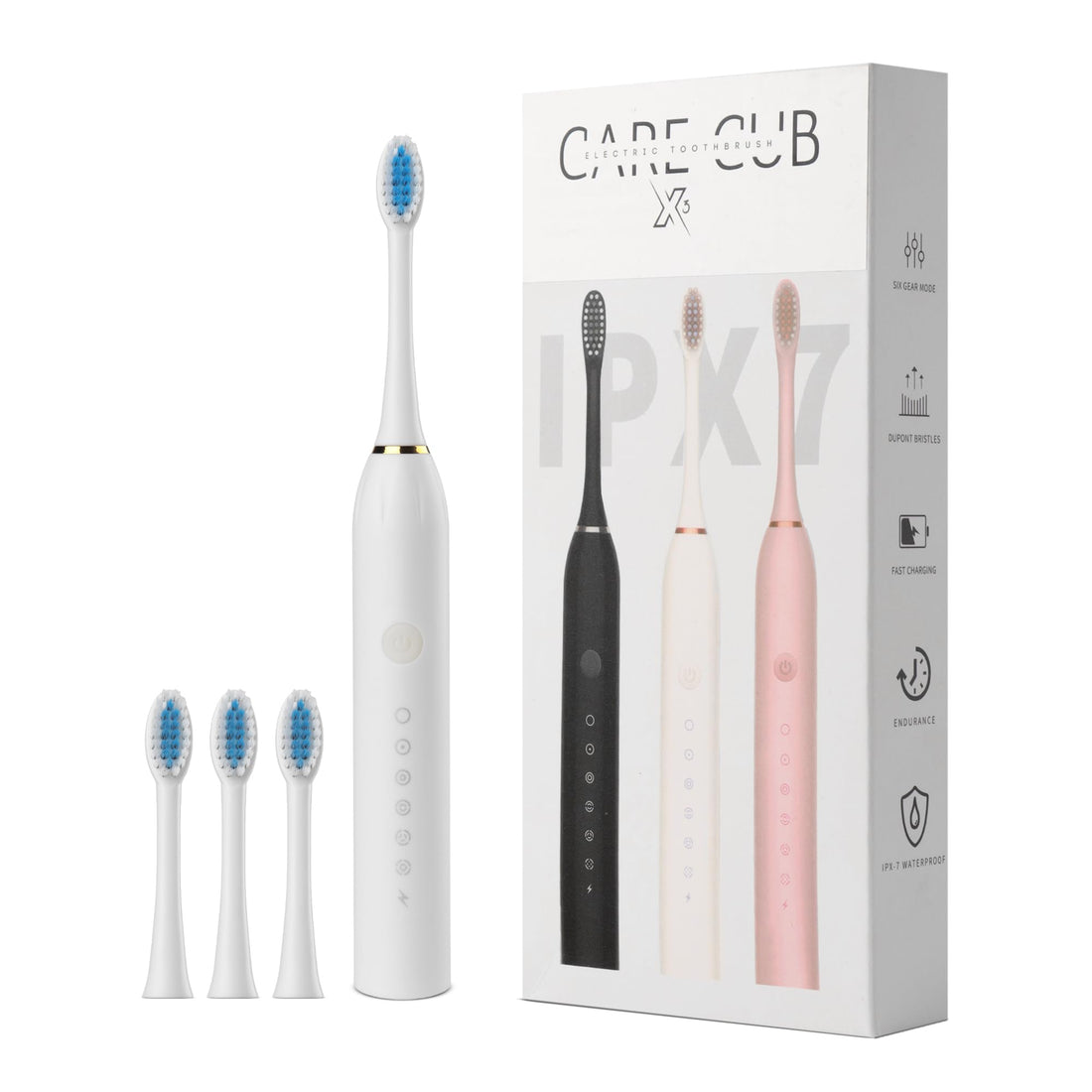 X-3 Sonic Electric Toothbrush, IPX7 Waterproof, Powerful Rechargeable with Replaceable Heads, 6 Cleaning Modes, Advanced Gum Care & Plaque Removal- White