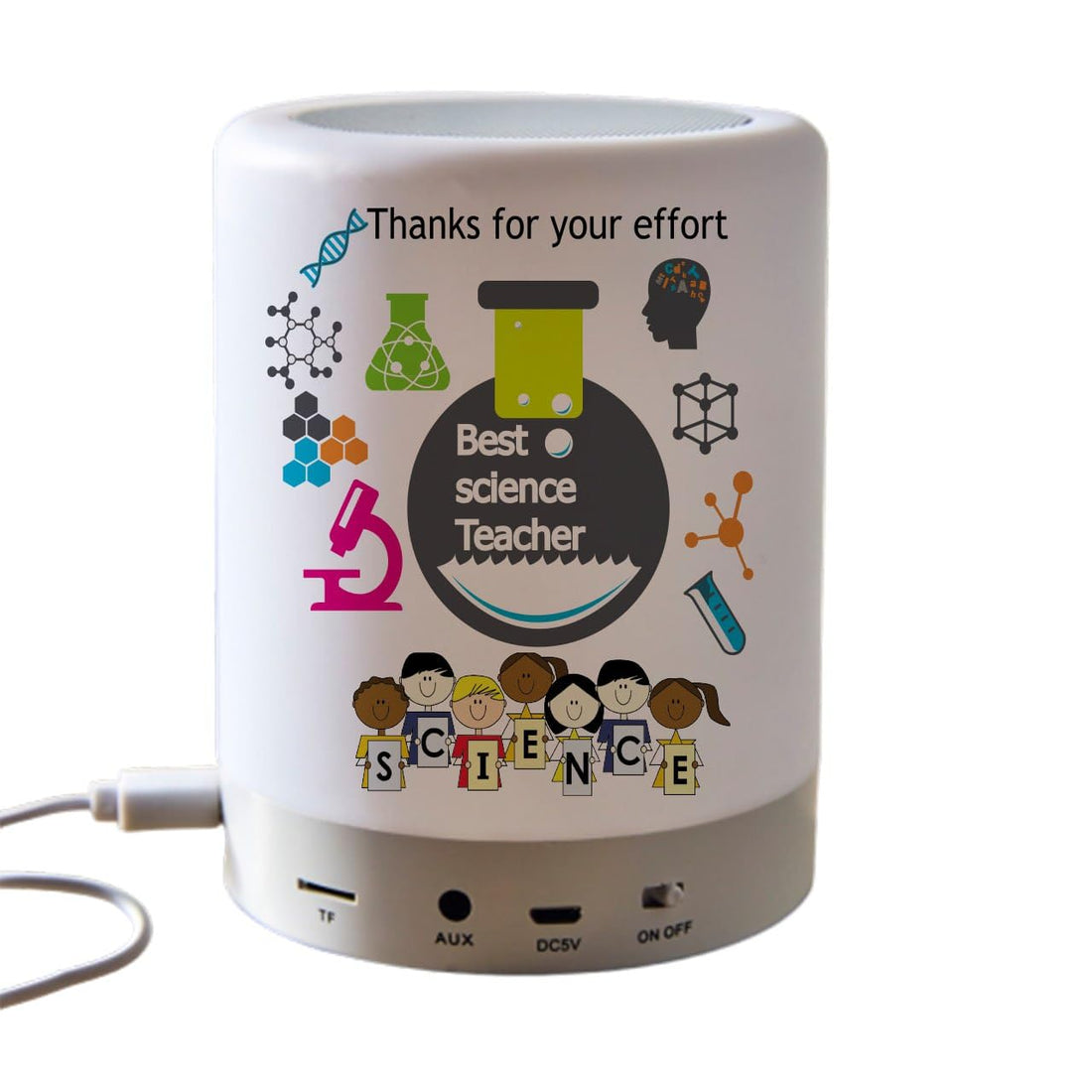 Touch Control Wireless Bluetooth LED Speaker - White -Double sided printing-Waterproof sticker- Teachers design - Best science teacher- We print your gift