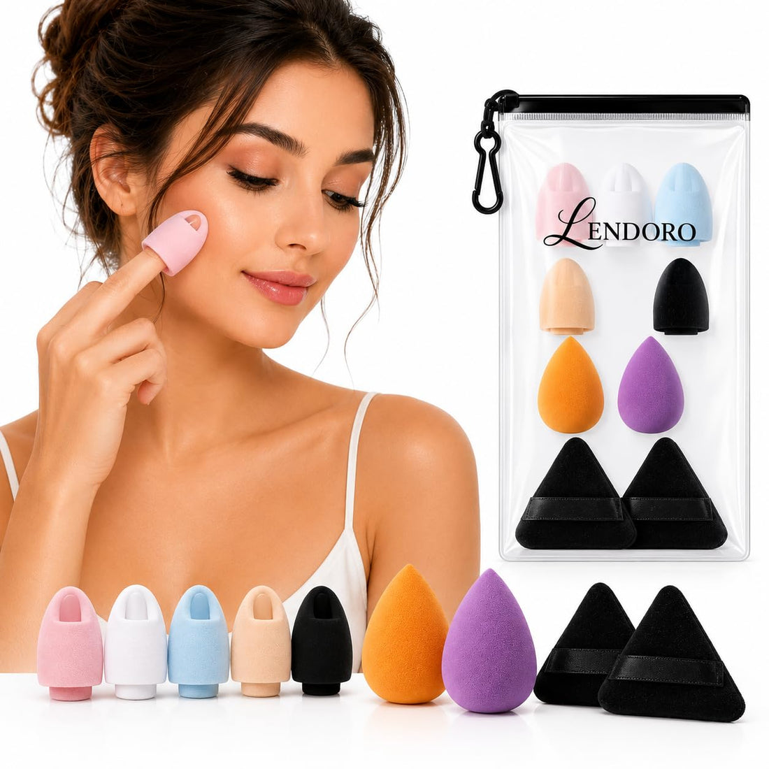 LENDORO Makeup Sponge Set, 5 Finger Puff, 2 Triangle Sponge and 2 Beauty Blender, 9 Pieces