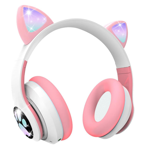 Bluetooth Cat Ear Headphones for Children, Girls Over-Ear With LED Light, Foldable Stereo Wireless Headphones With Microphone, Micro SD/TF, for Tablet/Mobile