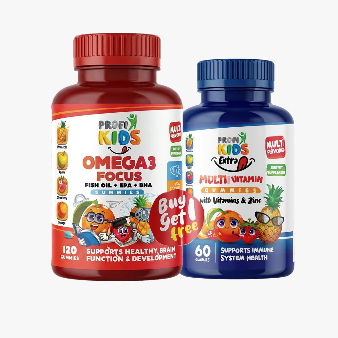 Profikids Omega 3 Focus Fish Oil Gummies 120 Count with Multivitamin Gummies 60 Count, EPA DHA Supplement for Brain Development, Immune Support, Kids Vitamins with Zinc, 4 Fruit Flavours