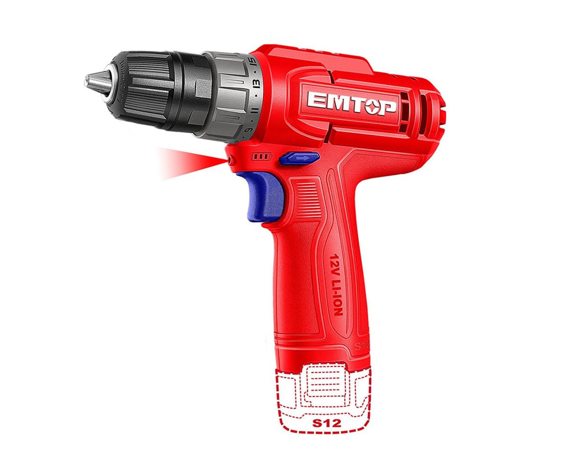 Emtop 12V Cordless Drill/Screw Driver 20 NM (Plastic Body) with 1 Battery - Red