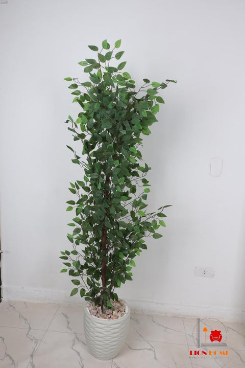 Lush artificial Benyamina plant from Leon Home, 165cm tall - a realistic artificial tree for indoor and outdoor use with a wooden trunk, plastic leaves, and decorative pebbles in a pot - green color