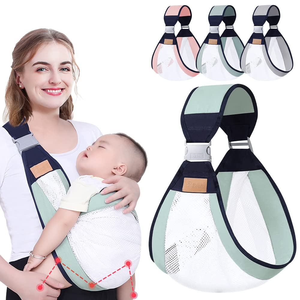 Breathable Baby Sling, Adjustable Baby Carrier, Baby Carrier Wrap, Quick Dry, Thick Shoulder Straps for 0-36 Months Baby (Green b)