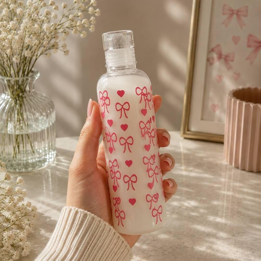 Transparent Water Bottle with Pink Bows and Hearts Design, Plastic, Daily Use and Travel