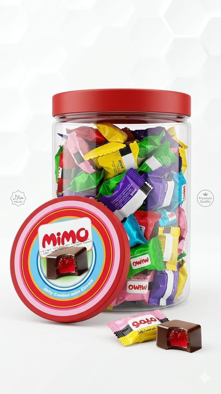 MiMo Cocoa Covered Jelly Candy, Multicolor Jar, Premium Quality, Halal, Box of 100