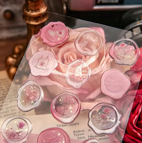 15pcs 3D Embossed Gold Foil Wax Seal Stickers, Rose Flower Shaped, Vintage Wax Stamp Stickers, DIY Scrapbooking Decoration Stationery Envelope Seals, Suitable For DIY Scrapbook, Card Making.