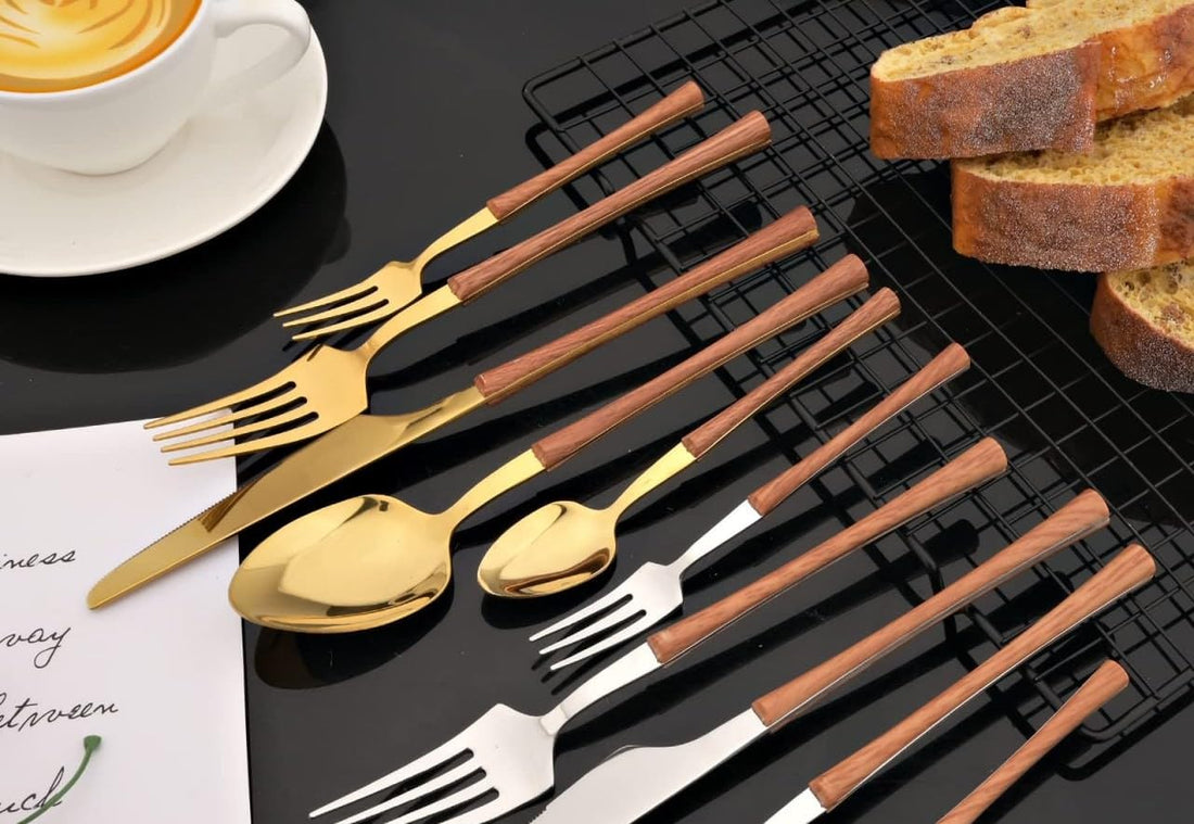 Generic Gold Cutlery Set with Wooden Handles, 4-Piece Flatware Set, Includes Dinner Fork, Spoon, Knife, and Teaspoon, .sg