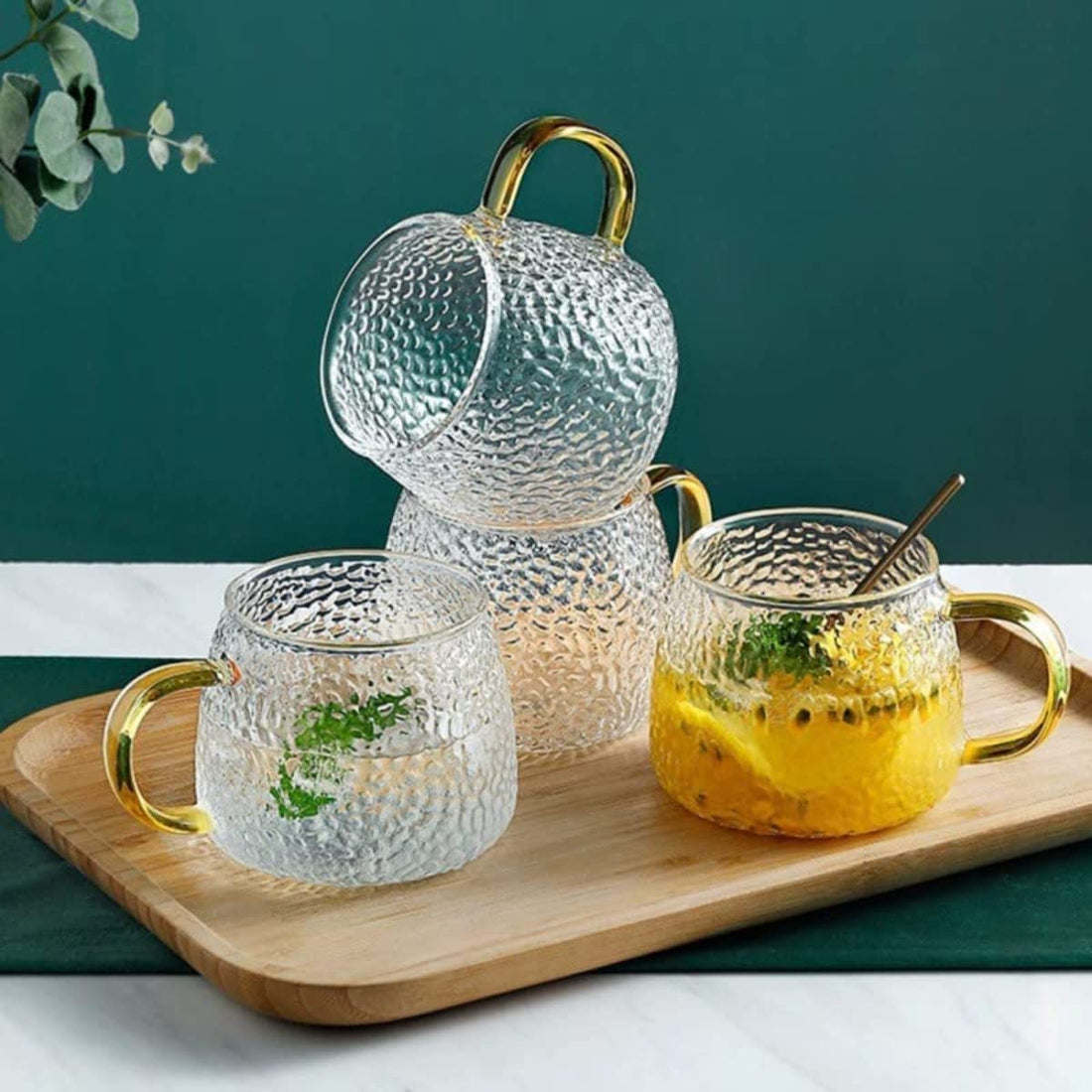 Voix Glass Mug with Golden Handle-440 ML Glass Cup for Coffee,Tea,Milk,Green Tea,Lemon Tea (Pack of 4 Mugs)