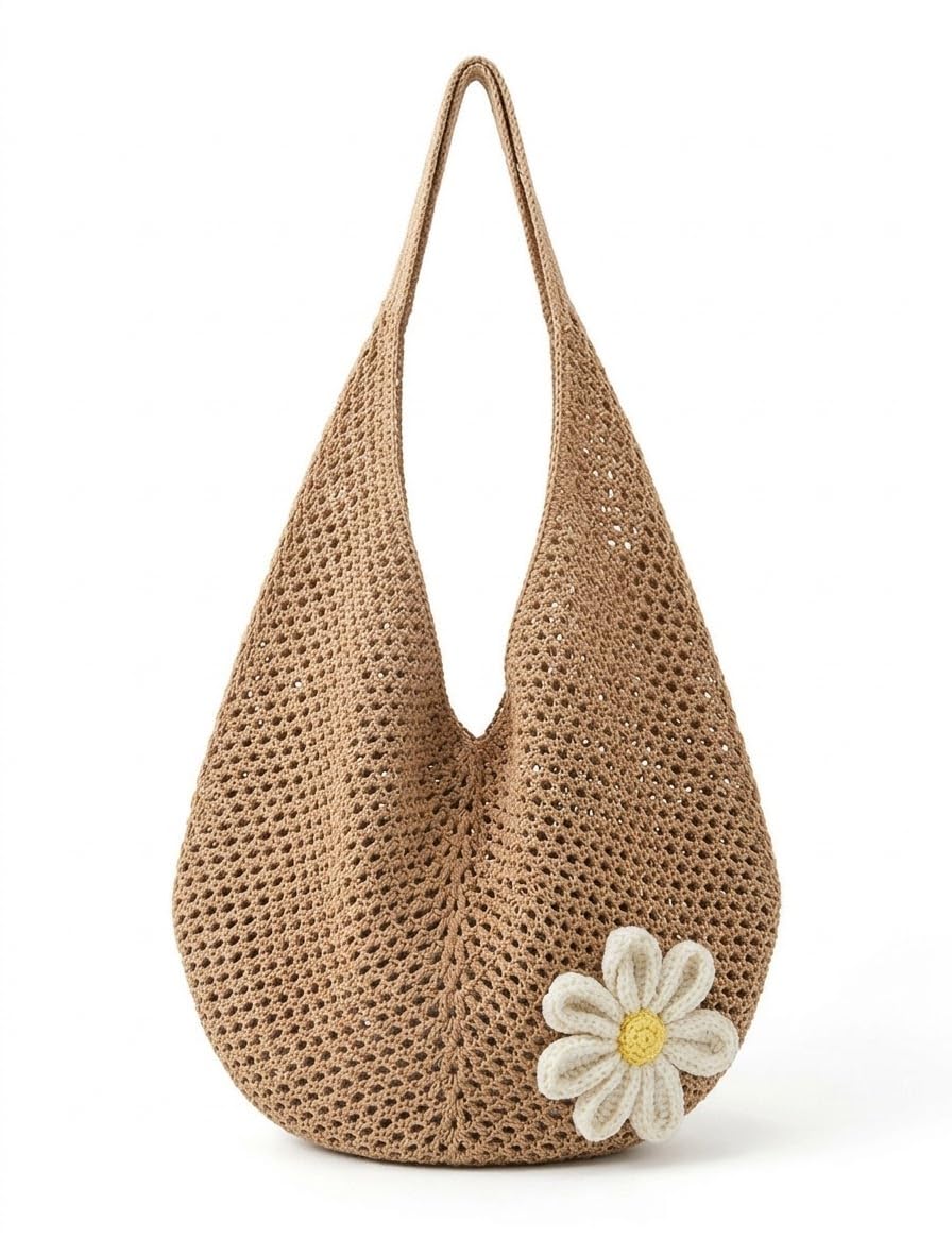 Flower Woven Handbag - Hollow Beach Bag Multifunctional Storage Bag Beach Supplies Shopping Bag Fashion Summer Vacation (Tan)