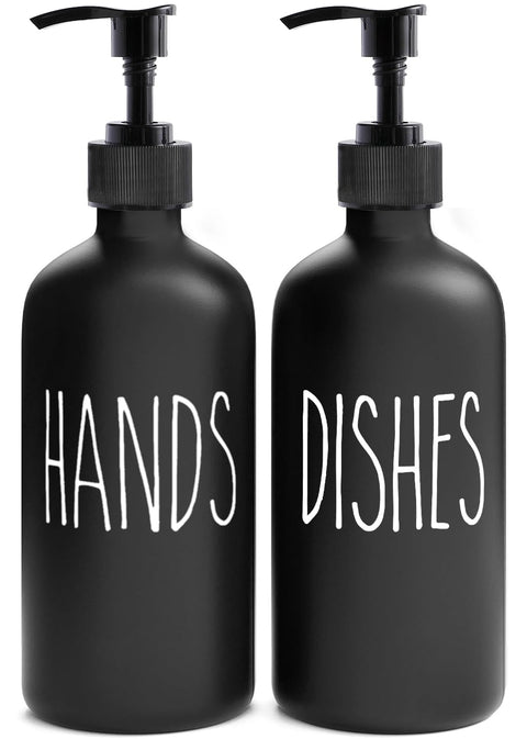 MOMEEMO Black Glass Soap Dispenser Set, 2 Pack, 16 Oz, Farmhouse Style, Hands & Dishes Label, Perfect for Kitchen & Bathroom Decor