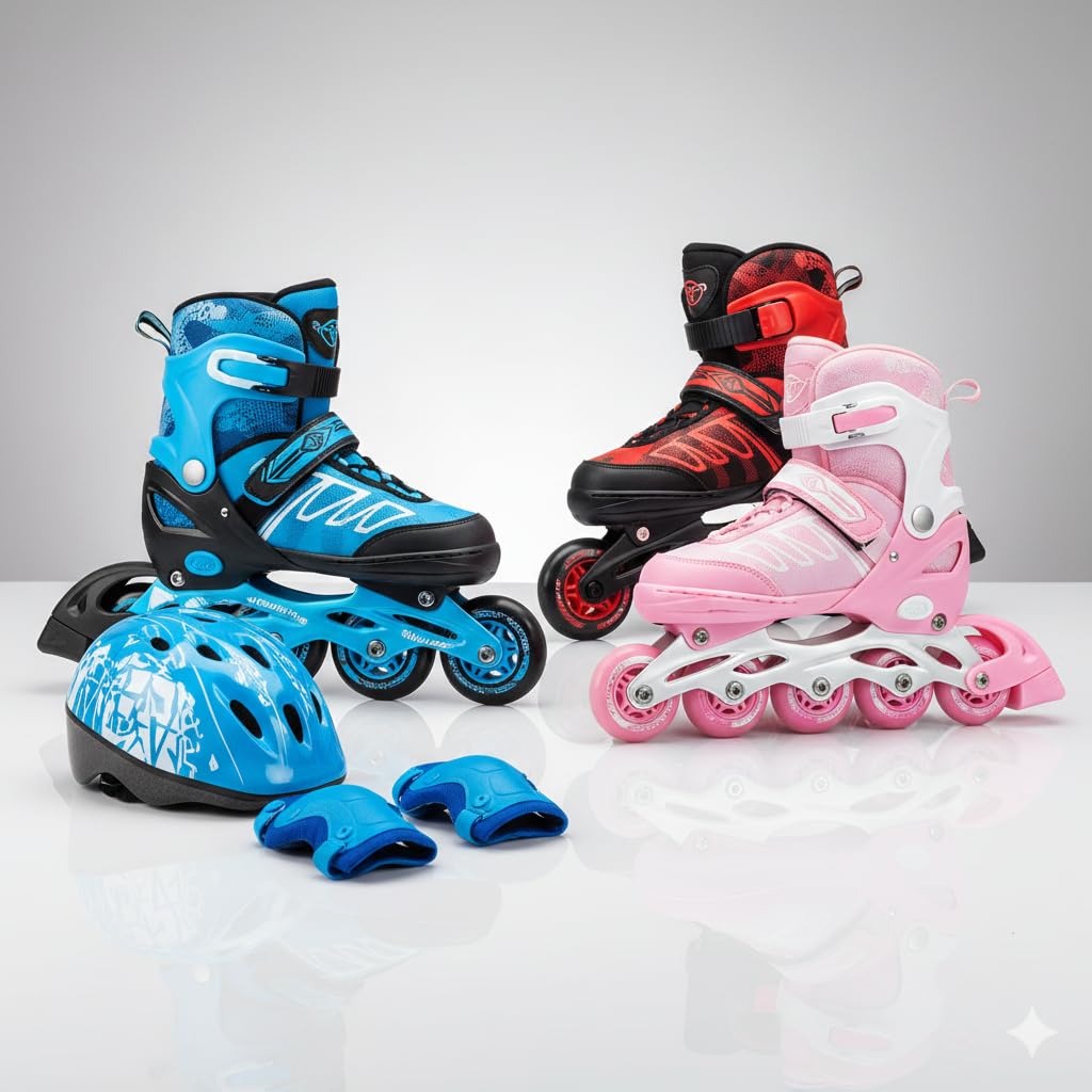 GHAZAL Inline Roller Skates, Children's Adjustable, Boys & Girls, Pink & White, Medium, PU Performance Wheels, Aluminium Frame, Buckle Closure, Plastic Aluminium, 2.14 kg